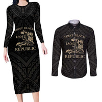 Personalized Haiti First Black Republic Couples Matching Long Sleeve Bodycon Dress and Long Sleeve Button Shirt Negre Marron With Map And Flag LT9 Black - Polynesian Pride