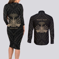 Personalized Haiti First Black Republic Couples Matching Long Sleeve Bodycon Dress and Long Sleeve Button Shirt Negre Marron With Map And Flag LT9 - Polynesian Pride
