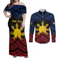 Personalized Philippines Couples Matching Off Shoulder Maxi Dress and Long Sleeve Button Shirt Polynesian Tribal Tattoo with Filipino Flag Motif LT9 Black - Polynesian Pride