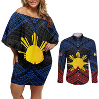Personalized Philippines Couples Matching Off Shoulder Short Dress and Long Sleeve Button Shirt Polynesian Tribal Tattoo with Filipino Flag Motif LT9 Black - Polynesian Pride