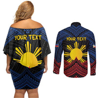 Personalized Philippines Couples Matching Off Shoulder Short Dress and Long Sleeve Button Shirt Polynesian Tribal Tattoo with Filipino Flag Motif LT9 - Polynesian Pride