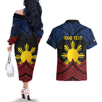 Personalized Philippines Couples Matching Off The Shoulder Long Sleeve Dress and Hawaiian Shirt Polynesian Tribal Tattoo with Filipino Flag Motif LT9 - Polynesian Pride