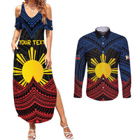 Personalized Philippines Couples Matching Summer Maxi Dress and Long Sleeve Button Shirt Polynesian Tribal Tattoo with Filipino Flag Motif LT9 Black - Polynesian Pride