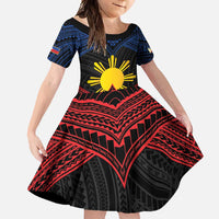 Personalized Philippines Family Matching Long Sleeve Bodycon Dress and Hawaiian Shirt Polynesian Tribal Tattoo with Filipino Flag Motif LT9 Daughter's Dress Black - Polynesian Pride