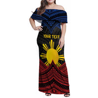 Personalized Philippines Family Matching Off Shoulder Maxi Dress and Hawaiian Shirt Polynesian Tribal Tattoo with Filipino Flag Motif LT9 Mom's Dress Black - Polynesian Pride
