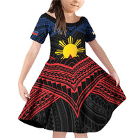 Personalized Philippines Family Matching Off Shoulder Short Dress and Hawaiian Shirt Polynesian Tribal Tattoo with Filipino Flag Motif LT9 Daughter's Dress Black - Polynesian Pride