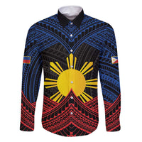 Personalized Philippines Family Matching Off Shoulder Short Dress and Hawaiian Shirt Polynesian Tribal Tattoo with Filipino Flag Motif LT9 Dad's Shirt - Long Sleeve Black - Polynesian Pride