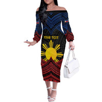 Personalized Philippines Off The Shoulder Long Sleeve Dress Polynesian Tribal Tattoo with Filipino Flag Motif LT9 Women Black - Polynesian Pride