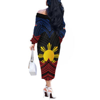 Personalized Philippines Off The Shoulder Long Sleeve Dress Polynesian Tribal Tattoo with Filipino Flag Motif LT9 - Polynesian Pride