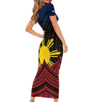 Personalized Philippines Short Sleeve Bodycon Dress Polynesian Tribal Tattoo with Filipino Flag Motif LT9 - Polynesian Pride