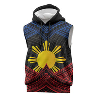 Personalized Philippines Sleeveless Hoodie Polynesian Tribal Tattoo with Filipino Flag Motif LT9 Black - Polynesian Pride