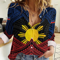 Personalized Philippines Women Casual Shirt Polynesian Tribal Tattoo with Filipino Flag Motif LT9 Female Black - Polynesian Pride