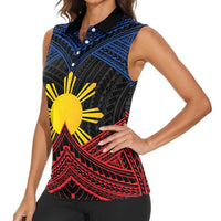 Personalized Philippines Women Sleeveless Polo Shirt Polynesian Tribal Tattoo with Filipino Flag Motif LT9 - Polynesian Pride