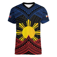 Personalized Philippines Women V-Neck T-Shirt Polynesian Tribal Tattoo with Filipino Flag Motif LT9 Female Black - Polynesian Pride