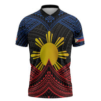 Personalized Philippines Zipper Polo Shirt Polynesian Tribal Tattoo with Filipino Flag Motif LT9 Black - Polynesian Pride