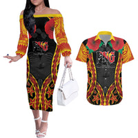 Personalised Papua New Guinea Remembrance Day Couples Matching Off The Shoulder Long Sleeve Dress and Hawaiian Shirt LT9 Red - Polynesian Pride