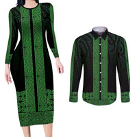 New Zealand Maori Kowhaiwhai Couples Matching Long Sleeve Bodycon Dress and Long Sleeve Button Shirt Kakariki Maui and Mangopare LT9 Green - Polynesian Pride