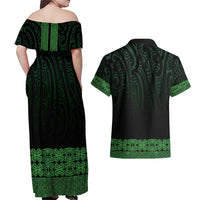 New Zealand Maori Kowhaiwhai Couples Matching Off Shoulder Maxi Dress and Hawaiian Shirt Kakariki Maui and Mangopare LT9 - Polynesian Pride