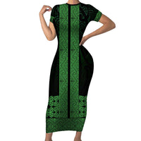New Zealand Maori Kowhaiwhai Short Sleeve Bodycon Dress Kakariki Maui and Mangopare LT9 Long Dress Green - Polynesian Pride