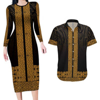 New Zealand Maori Kowhaiwhai Couples Matching Long Sleeve Bodycon Dress and Hawaiian Shirt Karaka Maui and Mangopare LT9 Gold - Polynesian Pride