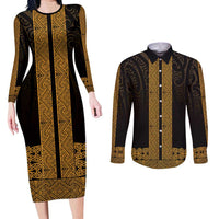 New Zealand Maori Kowhaiwhai Couples Matching Long Sleeve Bodycon Dress and Long Sleeve Button Shirt Karaka Maui and Mangopare LT9 Gold - Polynesian Pride