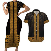 New Zealand Maori Kowhaiwhai Couples Matching Short Sleeve Bodycon Dress and Hawaiian Shirt Karaka Maui and Mangopare LT9 Gold - Polynesian Pride