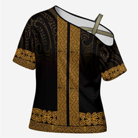 New Zealand Maori Kowhaiwhai Cross Shoulder Shirt Karaka Maui and Mangopare LT9 Female Gold - Polynesian Pride