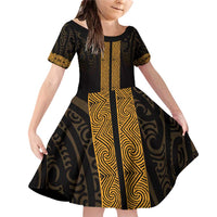 New Zealand Maori Kowhaiwhai Family Matching Off Shoulder Short Dress and Hawaiian Shirt Karaka Maui and Mangopare LT9 Daughter's Dress Gold - Polynesian Pride