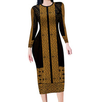 New Zealand Maori Kowhaiwhai Long Sleeve Bodycon Dress Karaka Maui and Mangopare LT9 Long Dress Gold - Polynesian Pride