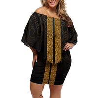 New Zealand Maori Kowhaiwhai Off Shoulder Short Dress Karaka Maui and Mangopare LT9 Women Gold - Polynesian Pride
