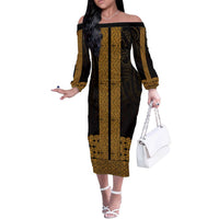 New Zealand Maori Kowhaiwhai Off The Shoulder Long Sleeve Dress Karaka Maui and Mangopare LT9 Women Gold - Polynesian Pride