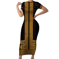 New Zealand Maori Kowhaiwhai Short Sleeve Bodycon Dress Karaka Maui and Mangopare LT9 Long Dress Gold - Polynesian Pride