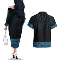 New Zealand Maori Kowhaiwhai Couples Matching Off The Shoulder Long Sleeve Dress and Hawaiian Shirt Kikorangi Maui and Mangopare LT9 - Polynesian Pride