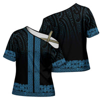 New Zealand Maori Kowhaiwhai Cross Shoulder Shirt Kikorangi Maui and Mangopare LT9 - Polynesian Pride