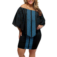 New Zealand Maori Kowhaiwhai Family Matching Off Shoulder Short Dress and Hawaiian Shirt Kikorangi Maui and Mangopare LT9 Mom's Dress Blue - Polynesian Pride