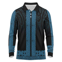 New Zealand Maori Kowhaiwhai Long Sleeve Polo Shirt Kikorangi Maui and Mangopare LT9 Blue - Polynesian Pride