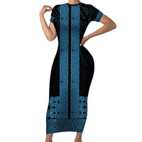 New Zealand Maori Kowhaiwhai Short Sleeve Bodycon Dress Kikorangi Maui and Mangopare LT9 Long Dress Blue - Polynesian Pride