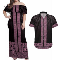 New Zealand Maori Kowhaiwhai Couples Matching Off Shoulder Maxi Dress and Hawaiian Shirt Mawhero Maui and Mangopare LT9 Pink - Polynesian Pride