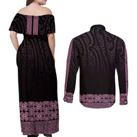 New Zealand Maori Kowhaiwhai Couples Matching Off Shoulder Maxi Dress and Long Sleeve Button Shirt Mawhero Maui and Mangopare LT9 - Polynesian Pride