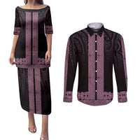 New Zealand Maori Kowhaiwhai Couples Matching Puletasi and Long Sleeve Button Shirt Mawhero Maui and Mangopare LT9 Pink - Polynesian Pride