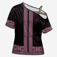 New Zealand Maori Kowhaiwhai Cross Shoulder Shirt Mawhero Maui and Mangopare LT9 Female Pink - Polynesian Pride