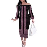 New Zealand Maori Kowhaiwhai Off The Shoulder Long Sleeve Dress Mawhero Maui and Mangopare LT9 Women Pink - Polynesian Pride