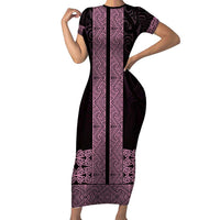 New Zealand Maori Kowhaiwhai Short Sleeve Bodycon Dress Mawhero Maui and Mangopare LT9 Long Dress Pink - Polynesian Pride