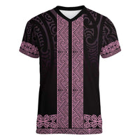 New Zealand Maori Kowhaiwhai Women V-Neck T-Shirt Mawhero Maui and Mangopare LT9 Female Pink - Polynesian Pride