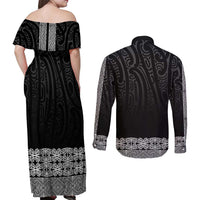 New Zealand Maori Kowhaiwhai Couples Matching Off Shoulder Maxi Dress and Long Sleeve Button Shirt Pango Maui and Mangopare LT9 - Polynesian Pride