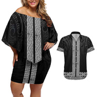 New Zealand Maori Kowhaiwhai Couples Matching Off Shoulder Short Dress and Hawaiian Shirt Pango Maui and Mangopare LT9 Black - Polynesian Pride