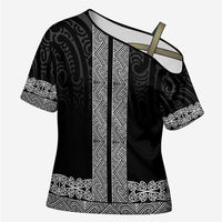 New Zealand Maori Kowhaiwhai Cross Shoulder Shirt Pango Maui and Mangopare LT9 Female Black - Polynesian Pride