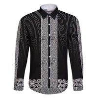 New Zealand Maori Kowhaiwhai Family Matching Mermaid Dress and Hawaiian Shirt Pango Maui and Mangopare LT9 Dad's Shirt - Long Sleeve Black - Polynesian Pride