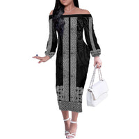 New Zealand Maori Kowhaiwhai Family Matching Off The Shoulder Long Sleeve Dress and Hawaiian Shirt Pango Maui and Mangopare LT9 Mom's Dress Black - Polynesian Pride