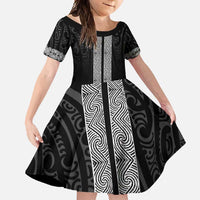New Zealand Maori Kowhaiwhai Family Matching Summer Maxi Dress and Hawaiian Shirt Pango Maui and Mangopare LT9 Daughter's Dress Black - Polynesian Pride